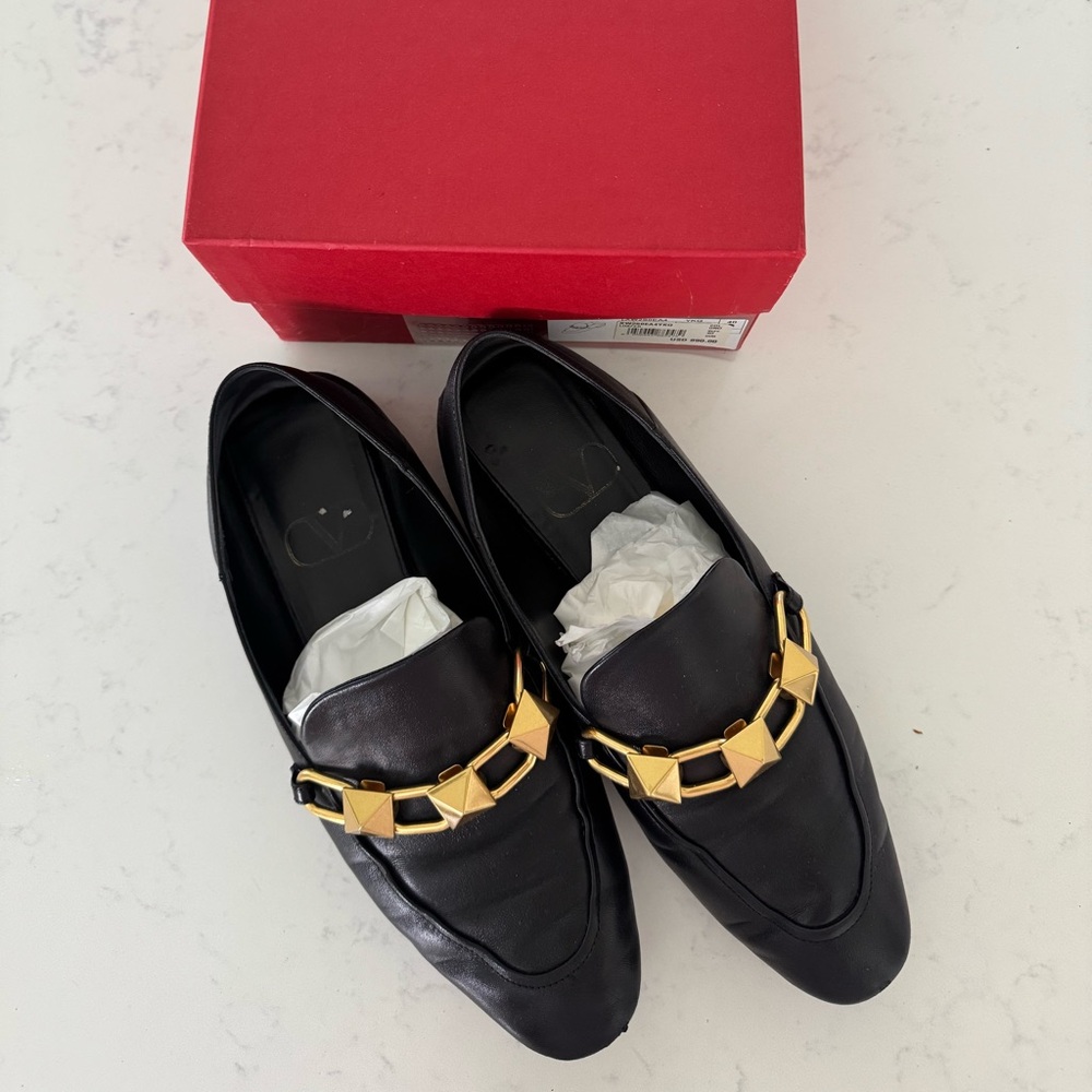 Valentino Black Loafers with Gold Detailing